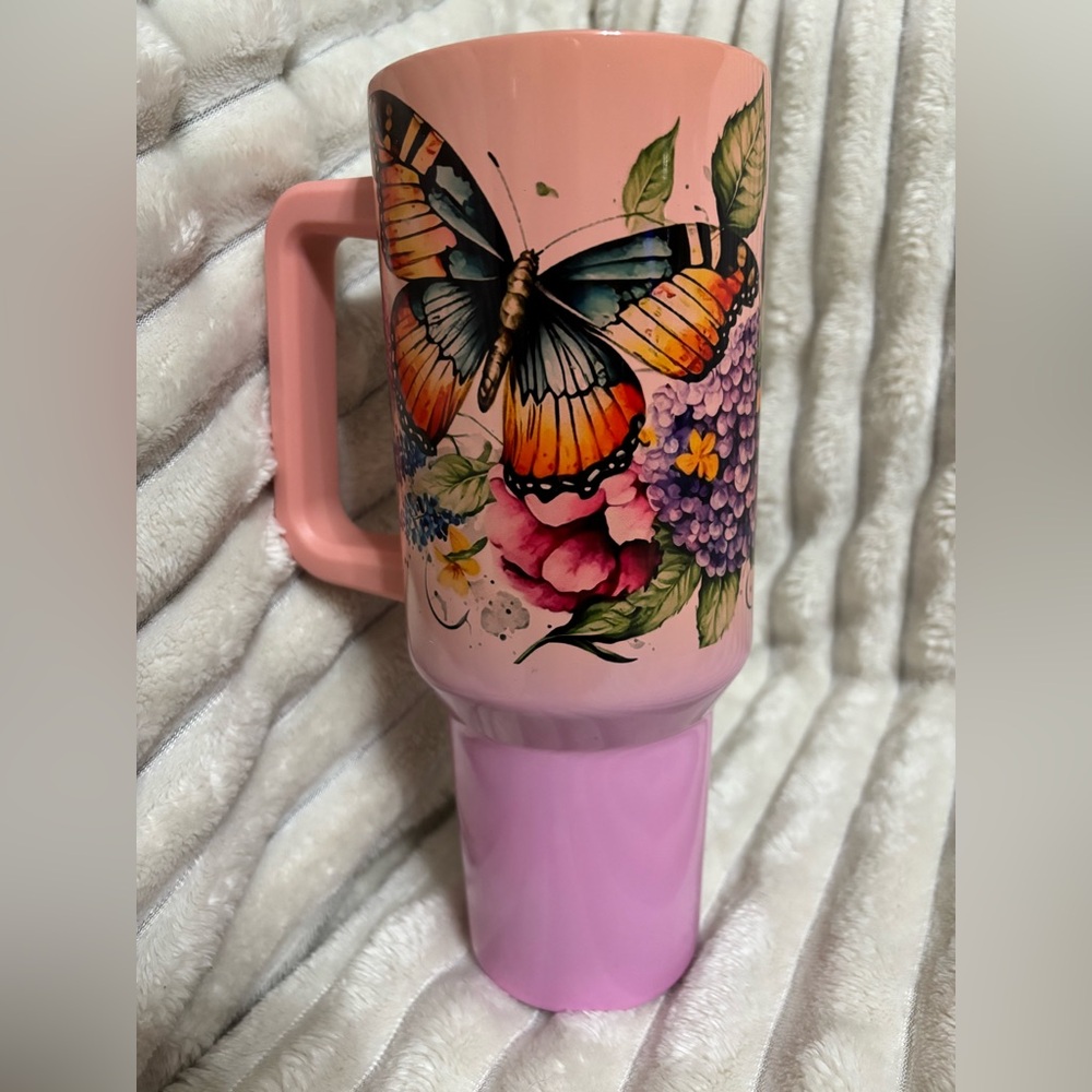 SPECIAL NEW Pink Floral Butterfly Travel Tumbler